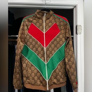 Gucci Brown Monogram Track Jacket with Red & Green Chevron